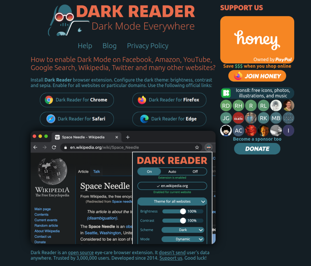 Dark Reader pour économiser l'énergie des écrans