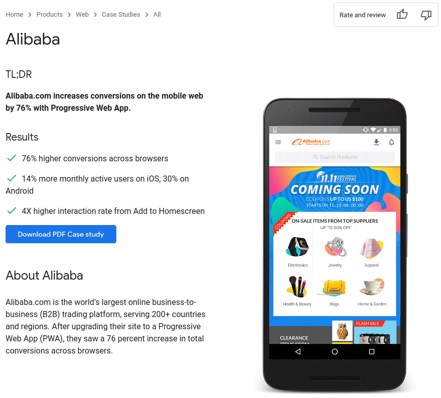 étude de cas Google pour la PWA d'Alibaba