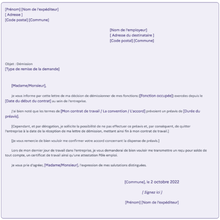 Exemple de lettre de démission pour un salarié
