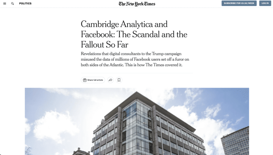 Facebook et l'affaire Cambridge Analytica sur le New York Time